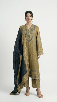 Olive Gold Wrinkle Tissue Set with Digital Print & Mirror Detailing