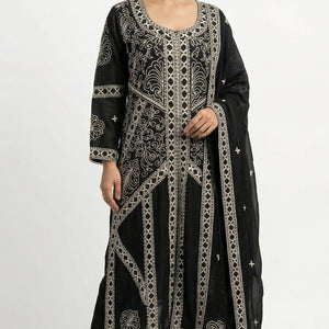 Black Chinon Suit Set with Thread Work Detailing