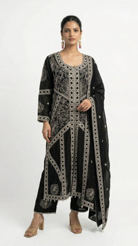 Black Chinon Suit Set with Thread Work Detailing
