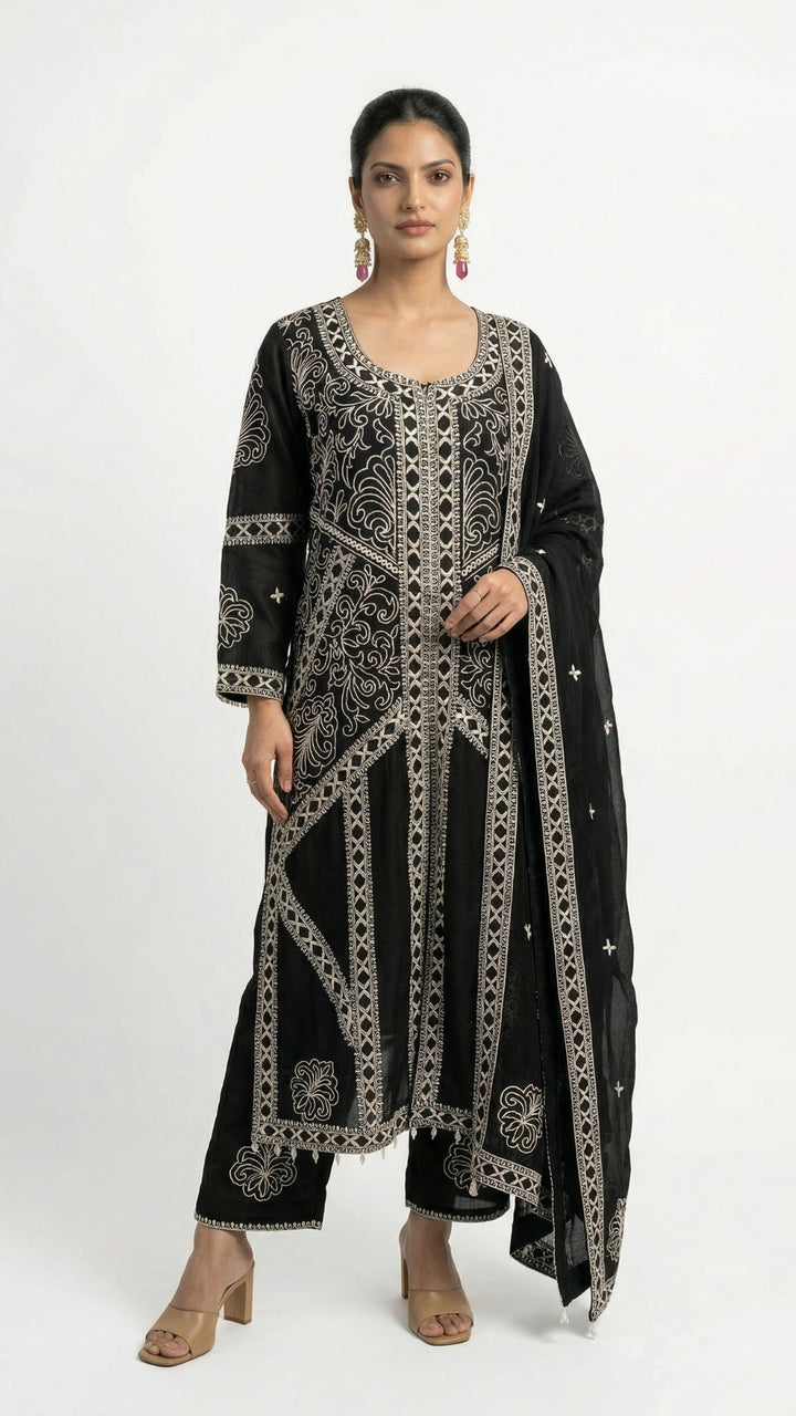 Black Chinon Suit Set with Thread Work Detailing