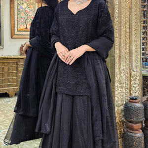 Black Organza Indowestern Top,Bottom and Dupatta with Cutdana and Dori Work