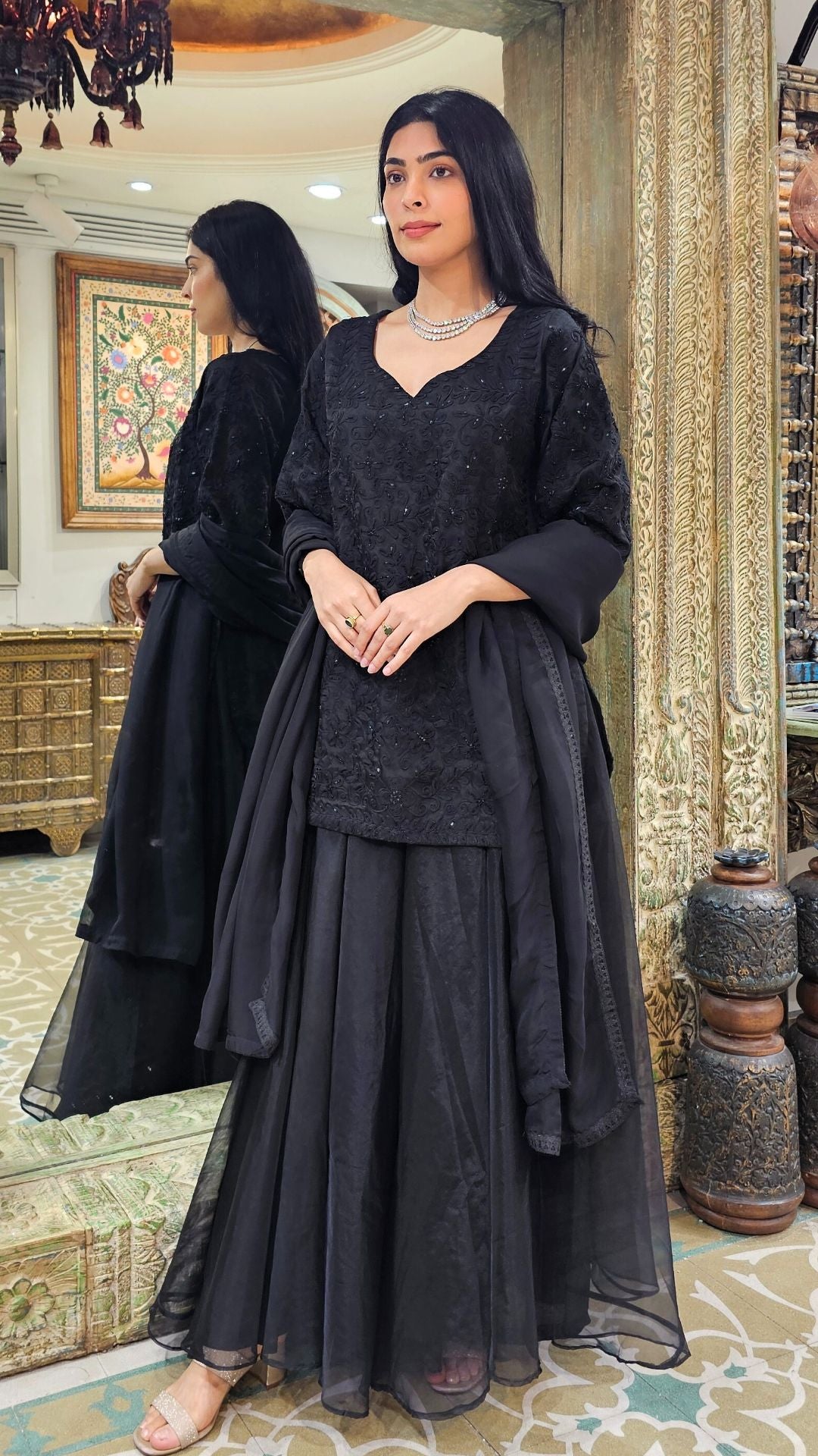 Black Organza Indowestern Top,Bottom and Dupatta with Cutdana and Dori Work