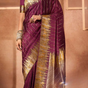 Wine Silk Satin Saree with Swarovski Work