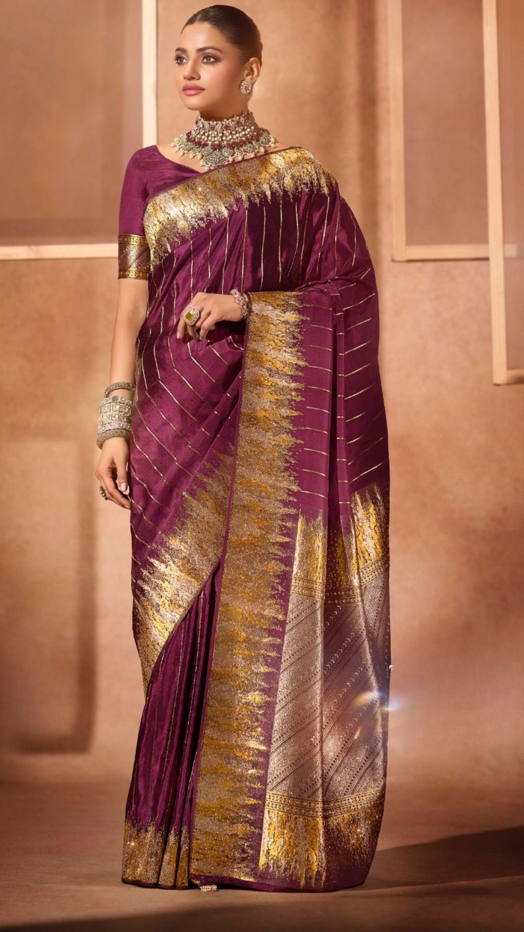 Wine Silk Satin Saree with Swarovski Work