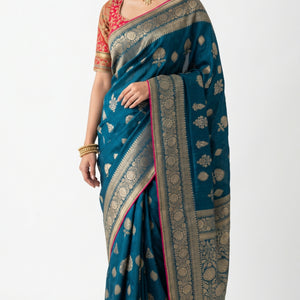 Blue Banarasi Silk Saree with Stitched Pink Blouse and Weaving Work