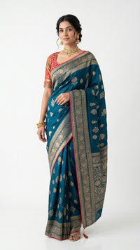Blue Banarasi Silk Saree with Stitched Pink Blouse and Weaving Work