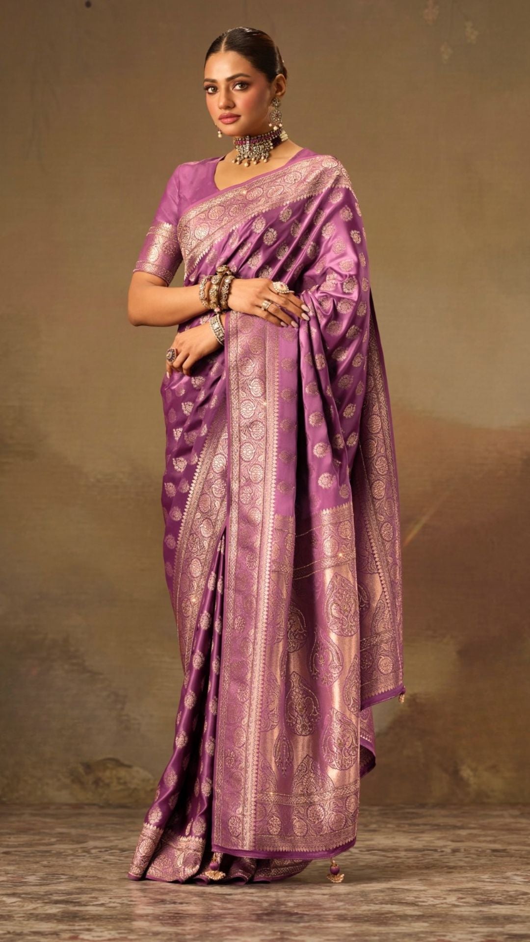 Purple Satin Saree With Swarovski Work