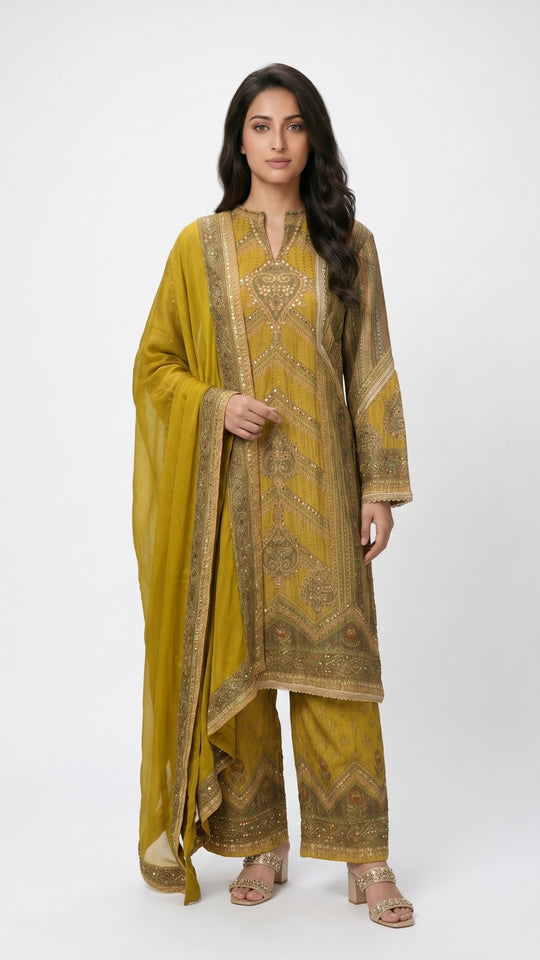 Green Wrinkled Tissue with Digital Print, Moti & Stone Work Indo Western