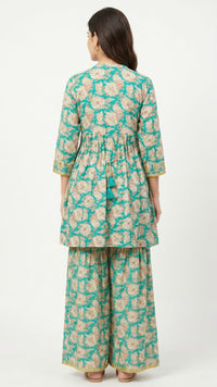 Green Cotton Peplum , Thread Work With Mirror Work & Zari Sequins