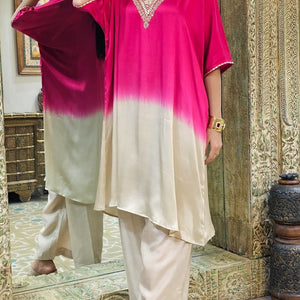 Ombre Pink Satin Crepe Indowestern Kaaftan and Bottom with Gota and Pearl Work
