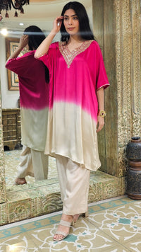 Ombre Pink Satin Crepe Indowestern Kaaftan and Bottom with Gota and Pearl Work