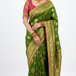 Green Banarasi Silk Saree with Stitched Pink Blouse and Weaving Work