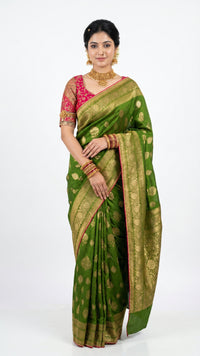 Green Banarasi Silk Saree with Stitched Pink Blouse and Weaving Work