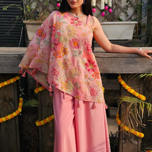 Pink Crepe Indo-Western with Zari, Sequin & Hand Print
