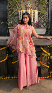 Pink Crepe Indo-Western with Zari, Sequin & Hand Print