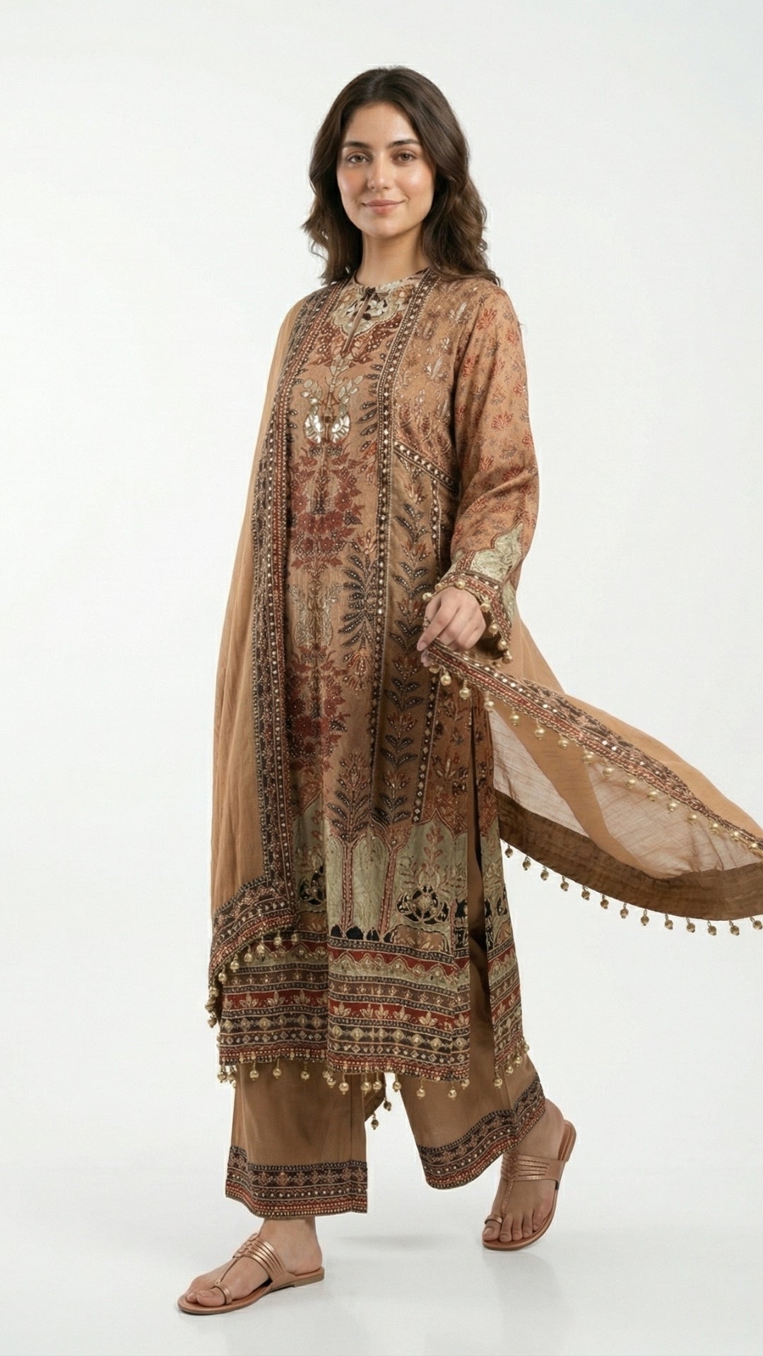Rust Brown Muslin Suit Set with Gota Patti, Sequence & Moti Latkan Work