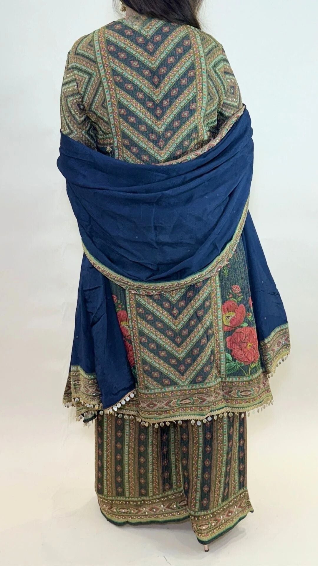 Blue Digital Print Tissue Suit with Mirror Work, Palazzo, and Dupatta
