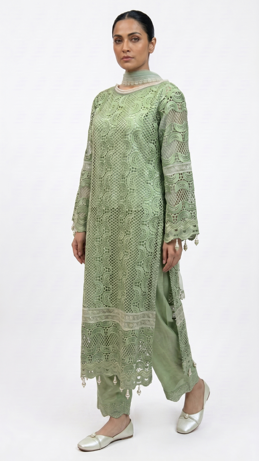 Green Muslin Cutwork lace and  Pearl Sequins