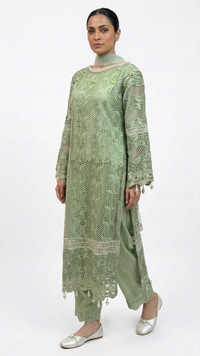 Green Muslin Cutwork lace and  Pearl Sequins