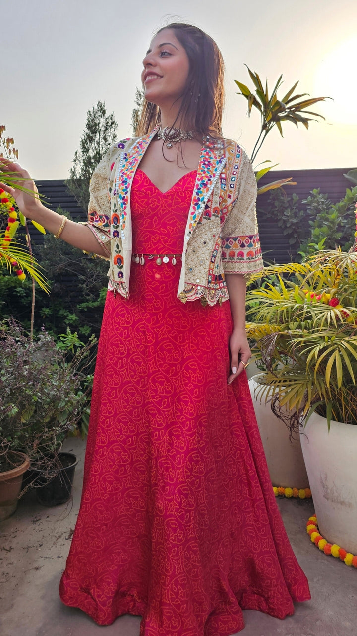 Rani Crepe 3 Piece Indowestern with Thread, Mirror, Zari, Moti and Dabka Work