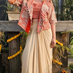 Rust Crepe Saree Sculpt with Blouse Jacket & Zari, Sequin, Stone, Moti Work