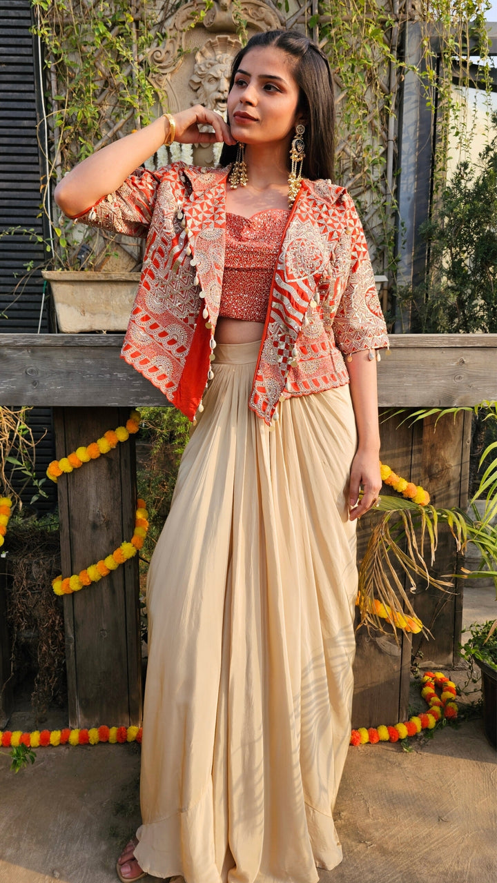 Rust Crepe Saree Sculpt with Blouse Jacket & Zari, Sequin, Stone, Moti Work