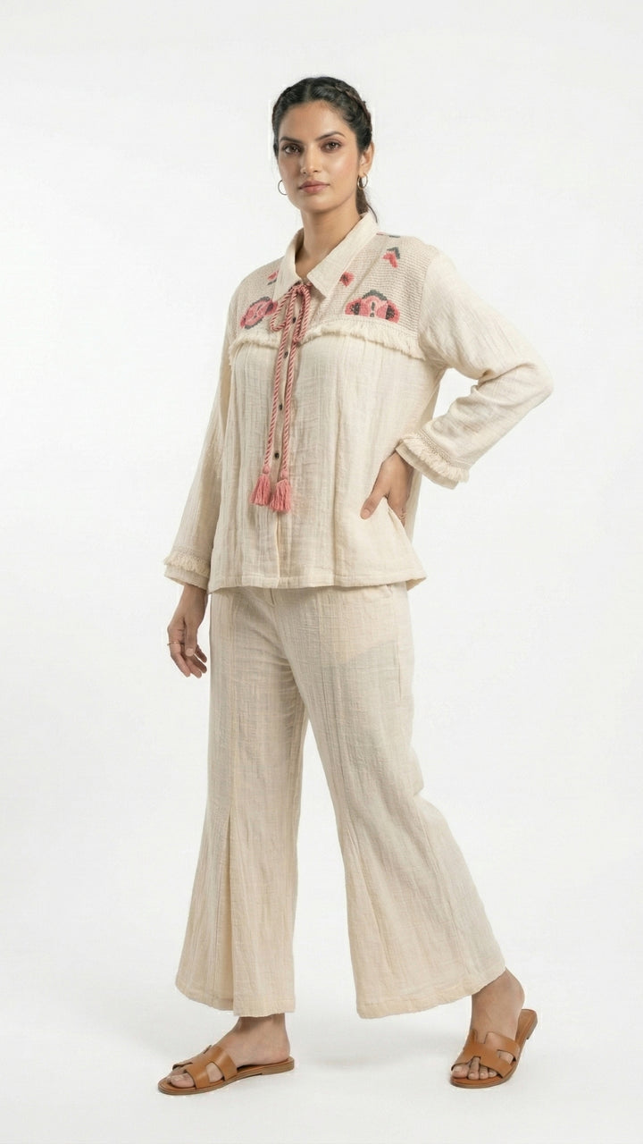 Beige Jute Coord Set with Thread Work