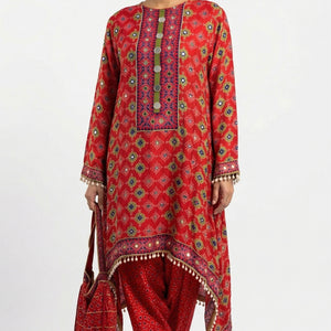 Cherry Red Crepe Coord Set with Digital Print, Zari & Mirror Detailing