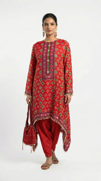 Cherry Red Crepe Coord Set with Digital Print, Zari & Mirror Detailing