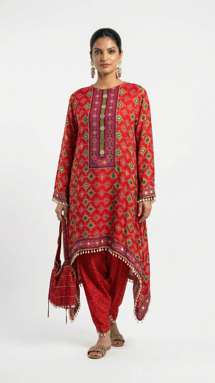 Cherry Red Crepe Coord Set with Digital Print, Zari & Mirror Detailing