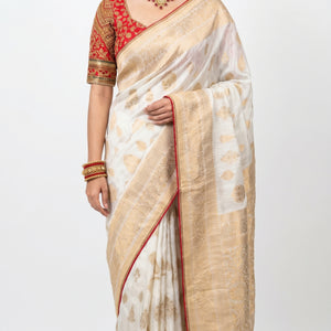 Ivory Banarasi Silk Saree with Stitched Pink Blouse and Weaving Work