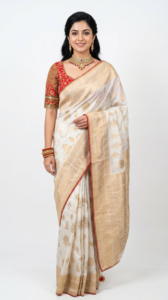 Ivory Banarasi Silk Saree with Stitched Pink Blouse and Weaving Work