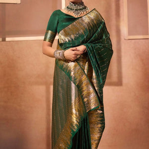 Bottle Green Silk Satin Saree with Swarovski Work