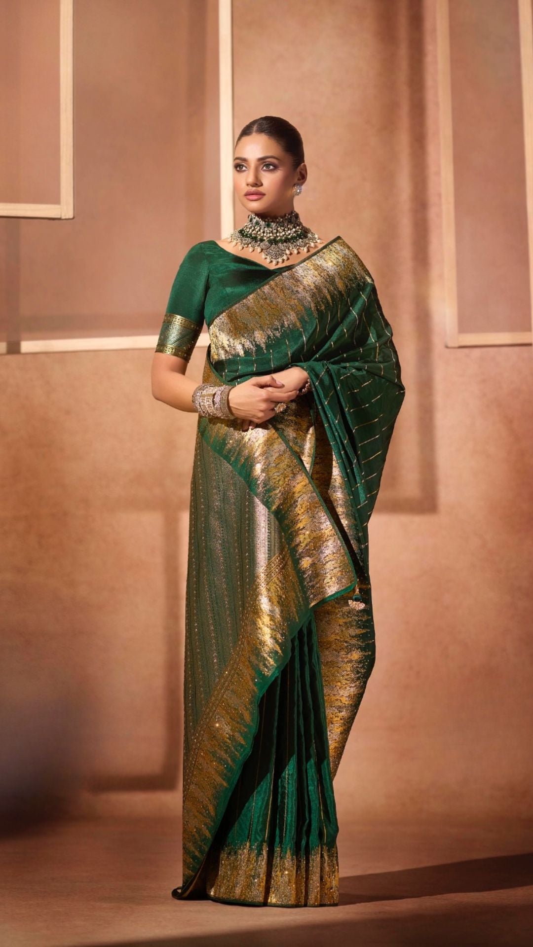 Bottle Green Silk Satin Saree with Swarovski Work