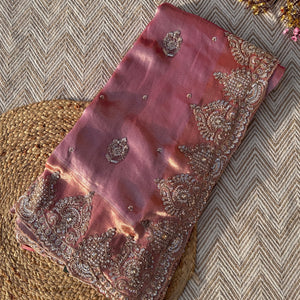 Mauve Tissue Unstitched Saree Embellished With Moti, Sequins & Cutdana