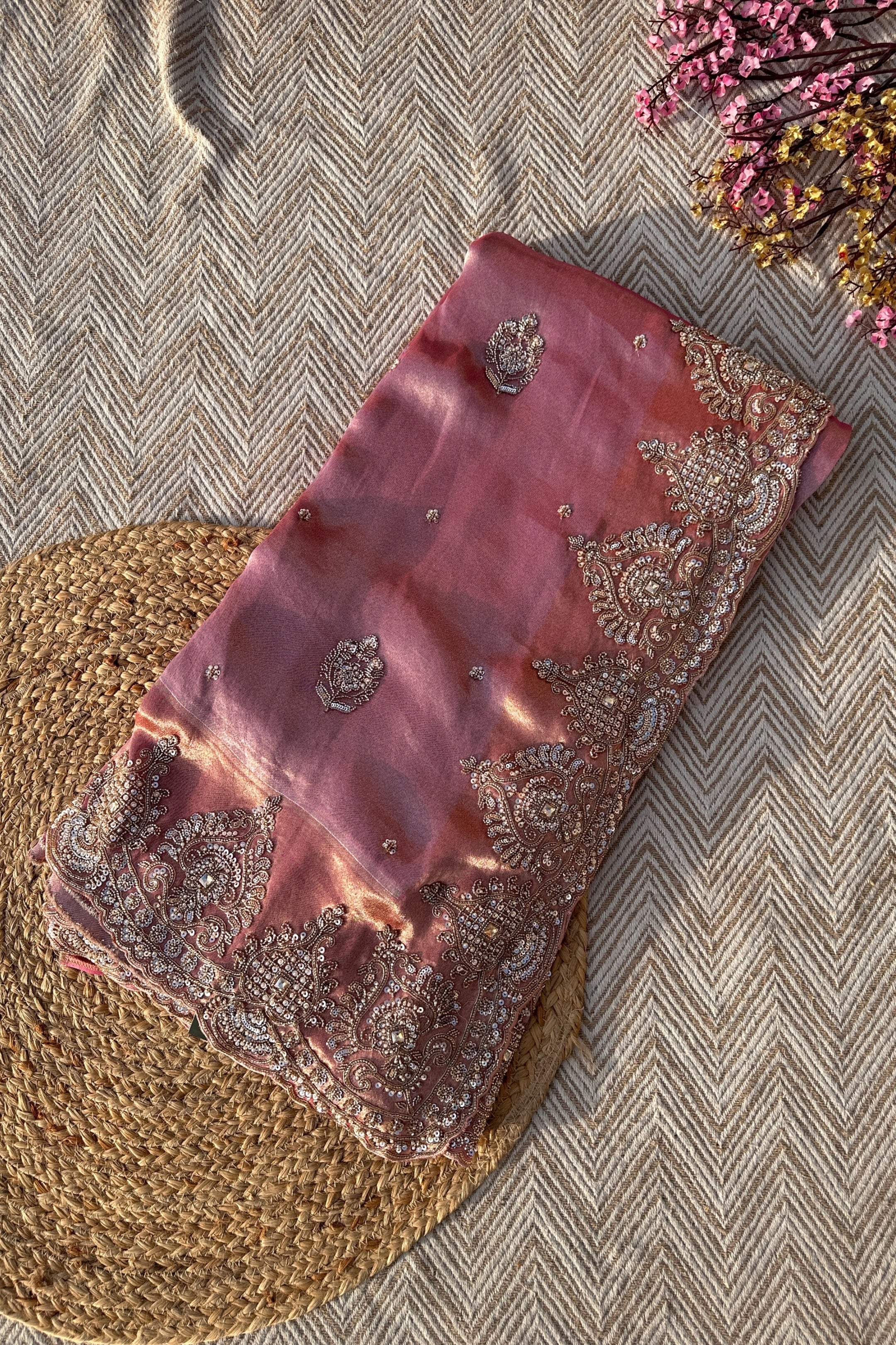 Mauve Tissue Unstitched Saree Embellished With Moti, Sequins & Cutdana