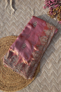 Mauve Tissue Unstitched Saree Embellished With Moti, Sequins & Cutdana