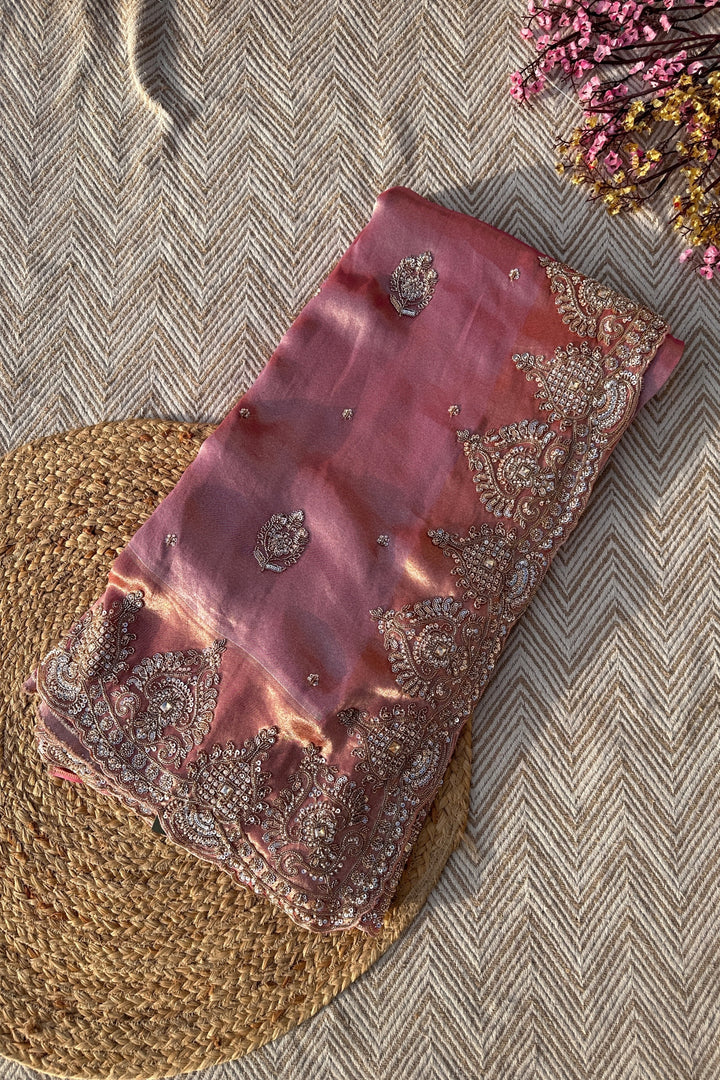 Mauve Tissue Unstitched Saree Embellished With Moti, Sequins & Cutdana