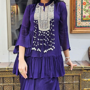 Purple Chinon Indowestern Top and Bottom with Sequins,Cutdana and Pearl Work