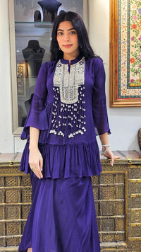 Purple Chinon Indowestern Top and Bottom with Sequins,Cutdana and Pearl Work