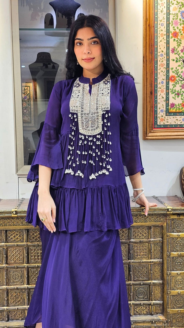 Purple Chinon Indowestern Top and Bottom with Sequins,Cutdana and Pearl Work