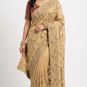 Golden Tissue Saree With Moti, Cutdana & Sequins Work