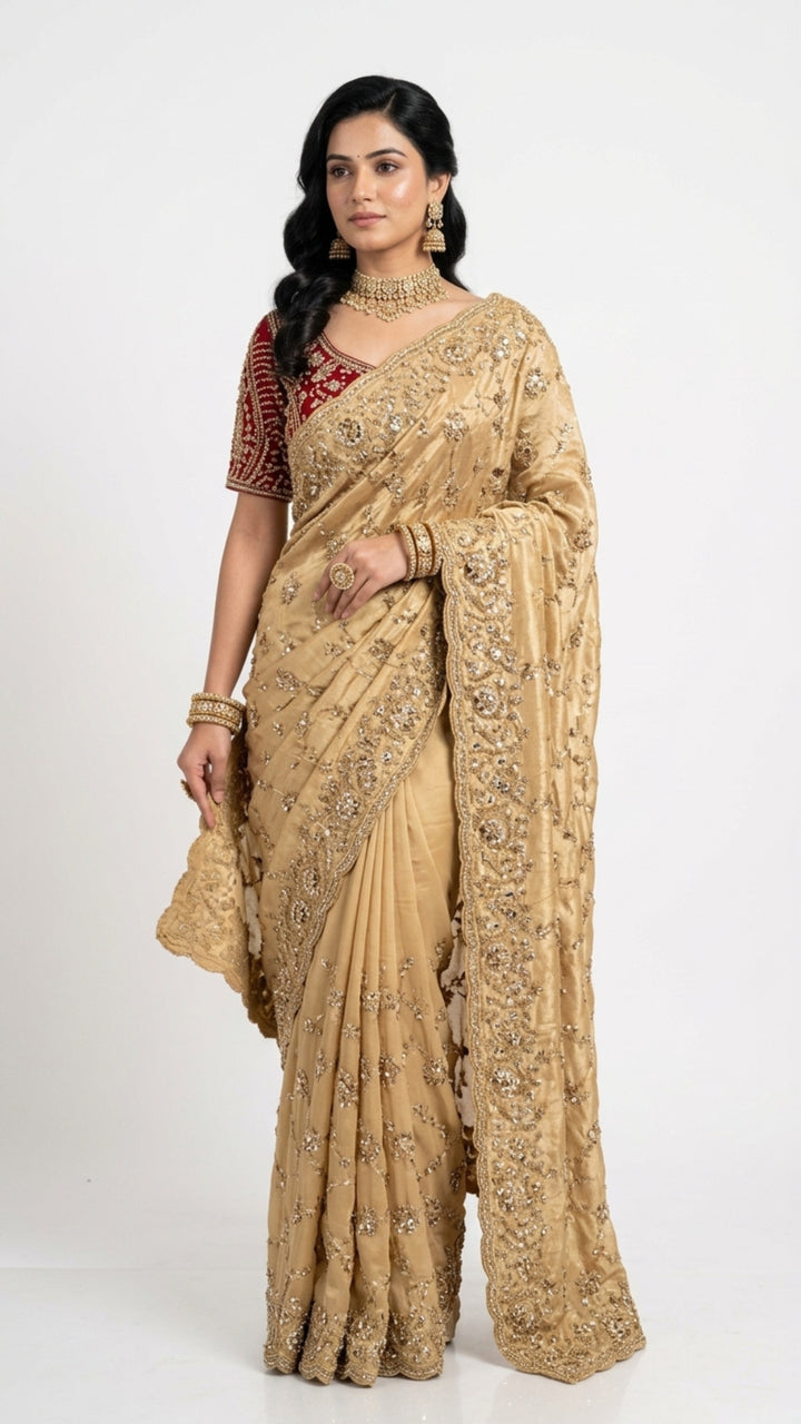 Golden Tissue Saree With Moti, Cutdana & Sequins Work