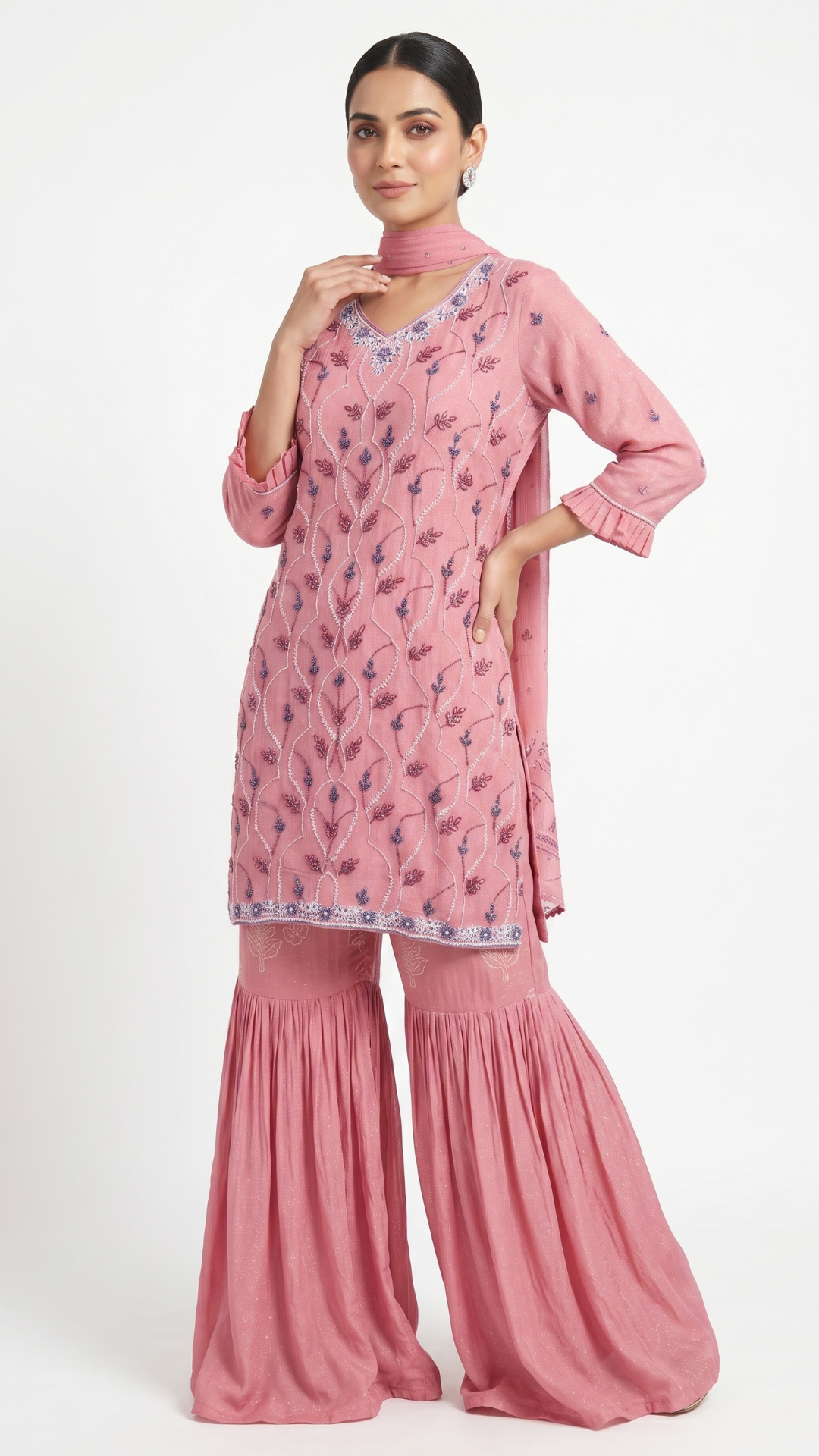Pink Chinon Fabric Cutdana & Thread work Sequins