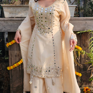 Cream Tissue Indo-Western with Mirror & Zari Work
