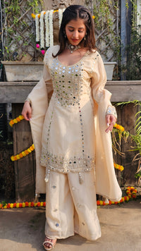 Cream Tissue Indo-Western with Mirror & Zari Work