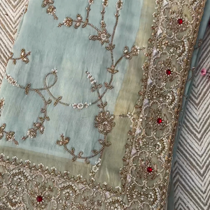 Sky Blue Tissue Unstitched Saree Embellished With Sequins, Cutdana, Moti & Stone Work