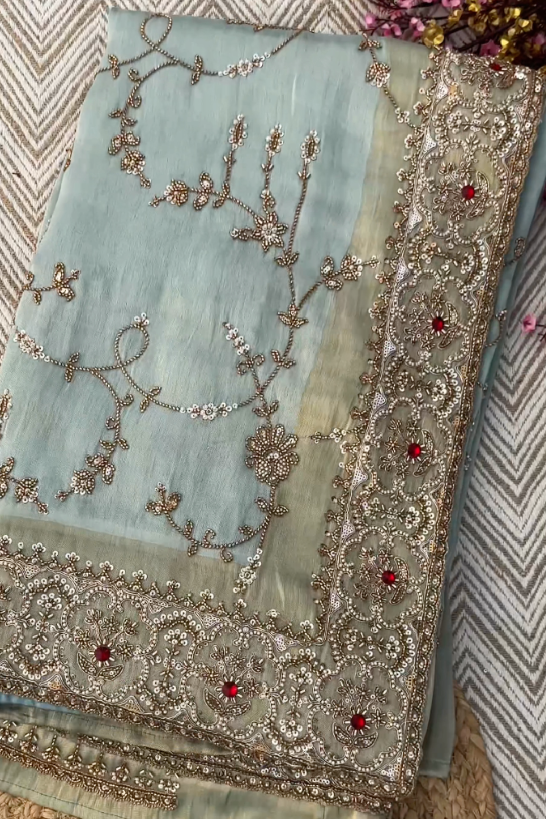 Sky Blue Tissue Unstitched Saree Embellished With Sequins, Cutdana, Moti & Stone Work