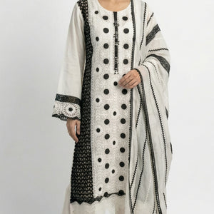 White Muslin Suit with Stone & Lace Detailing