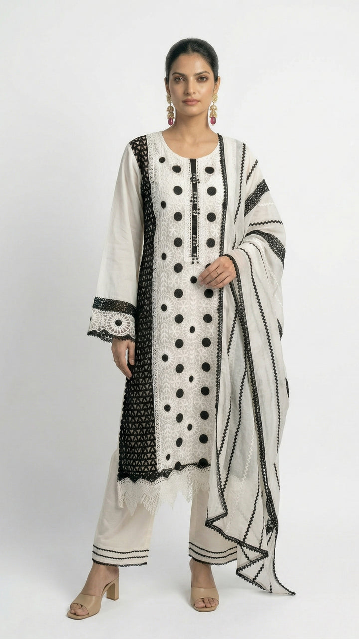 White Muslin Suit with Stone & Lace Detailing